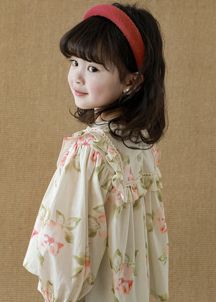 New Apricot Ruffled Print Cotton Girls Top Long Sleeve