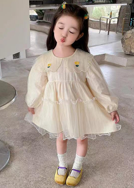 New Apricot Ruffled Tulle Girls Mid Dresses Long Sleeve