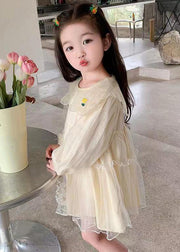 New Apricot Ruffled Tulle Girls Mid Dresses Long Sleeve