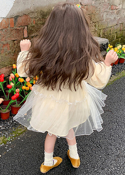 New Apricot Ruffled Tulle Girls Mid Dresses Long Sleeve