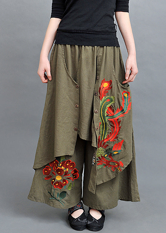 New Army Green Asymmetrical Embroidered Cotton Pants Skirt Spring