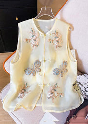 New Beige Embroidered Button Tulle Waistcoat Sleeveless