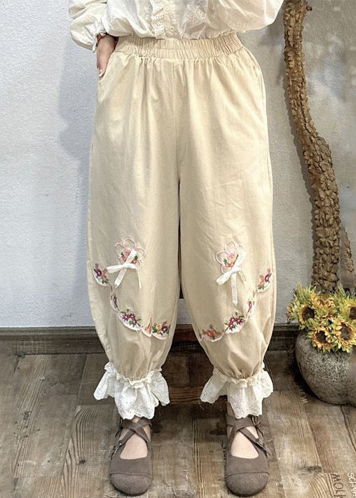 New Beige Embroideried Lace Patchwork Cotton Crop Pants Spring