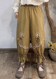 New Beige Embroideried Lace Patchwork Cotton Crop Pants Spring