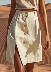 New Beige Front Open High Waist Linen Skirts Summer