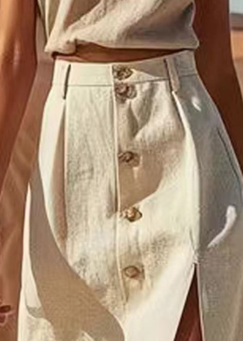 New Beige Front Open High Waist Linen Skirts Summer