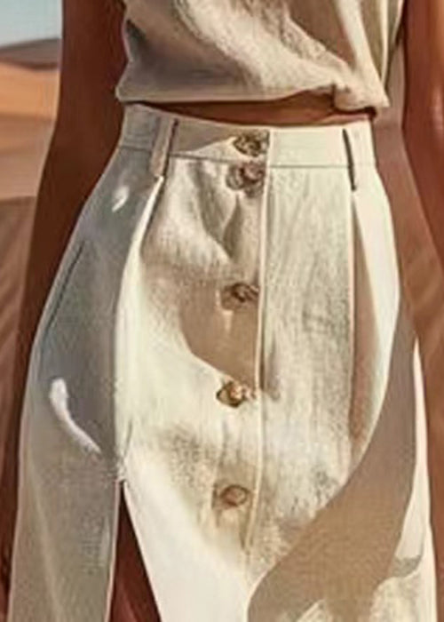 New Beige Front Open High Waist Linen Skirts Summer