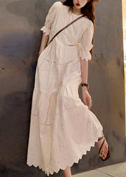 New Beige O Neck Hollow Out Patchwork Cotton Long Dress Summer