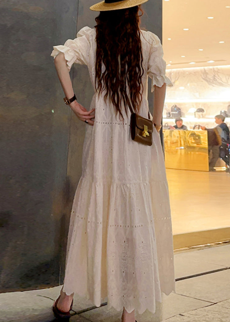 New Beige O Neck Hollow Out Patchwork Cotton Long Dress Summer