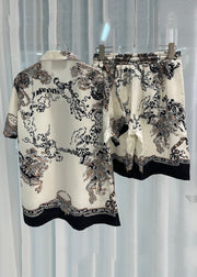 New Beige Print Elastic Waist Ice Silk Mens Two Piece Set Short Sleeve