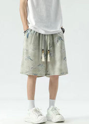 New Beige Print Lace Up Ice Silk Summer Men Beach Shorts