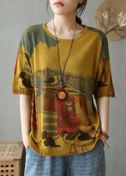 New Beige Print Patchwork Cozy Cotton Knit T Shirt Summer