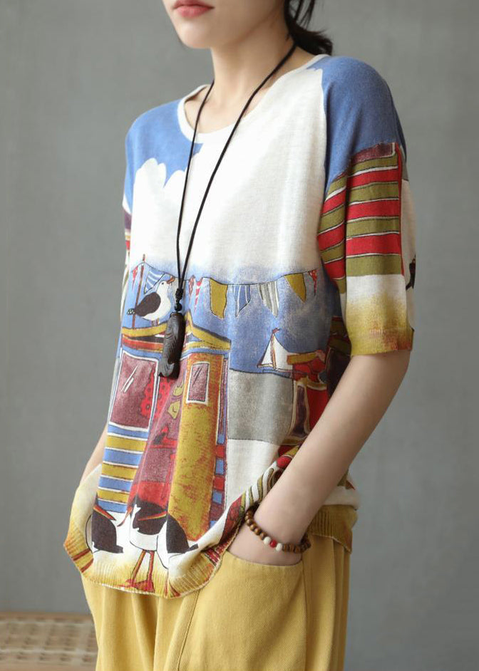 New Beige Print Patchwork Cozy Cotton Knit T Shirt Summer