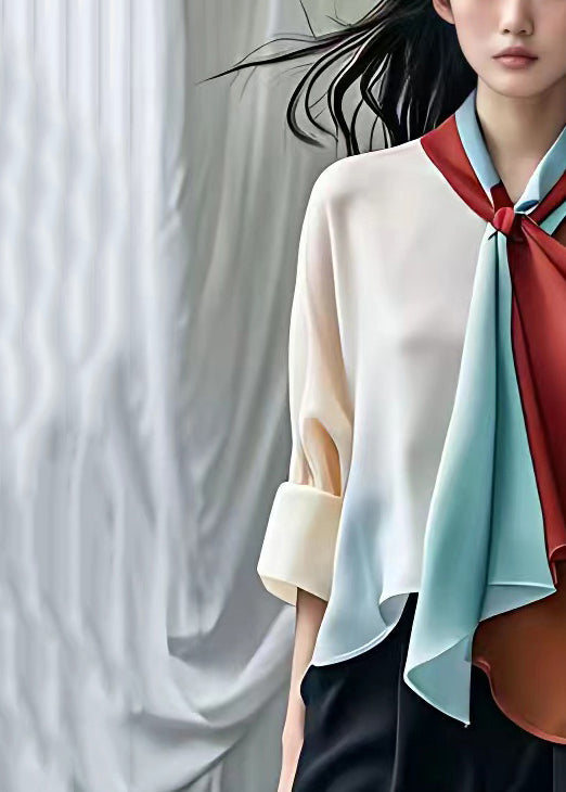 New Beige Scarf Collar Patchwork Chiffon Shirts Long Sleeve