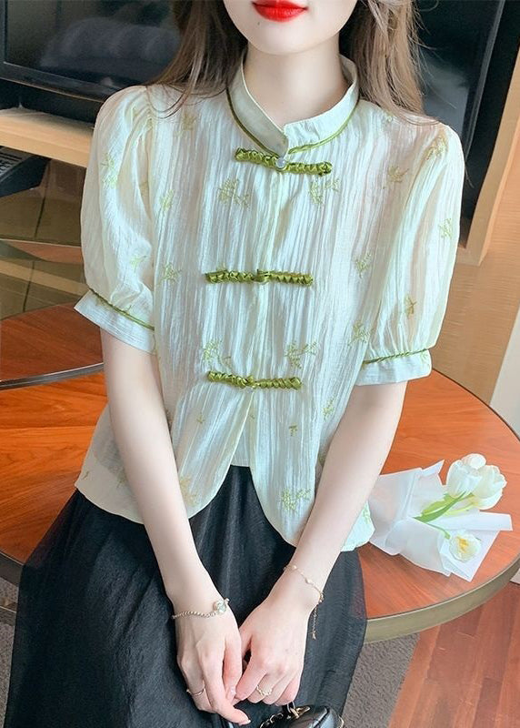 New Beige Stand Collar Embroidered Button Chiffon Shirts Summer