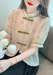 New Beige Stand Collar Embroidered Button Chiffon Shirts Summer