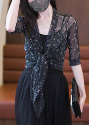 New Black Bright Silk Print Tulle Cardigan Summer