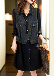 New Black Button Denim Patchwork False Two Pieces Shirt Dress Spring