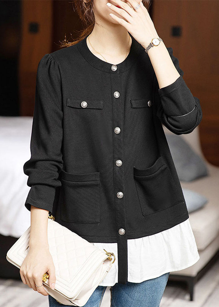 New Black Button Pockets Patchwork Cotton Top Long Sleeve