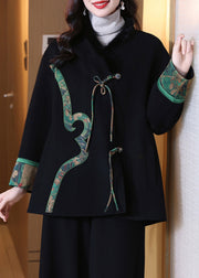 New Black Button Pockets Wool Coat Long Sleeve