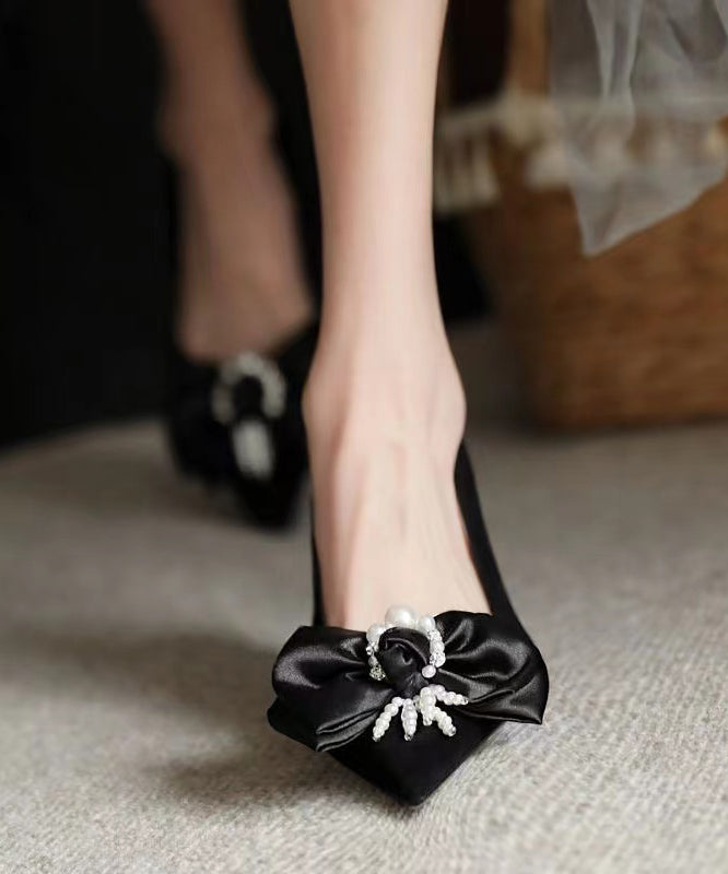 New Black Classy Beaded Bow Suede High Heels