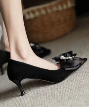 New Black Classy Beaded Bow Suede High Heels