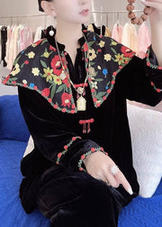 New Black Embroidered Button Silk Velour Shirt Long Sleeve