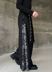 New Black Embroidered High Waist Patchwork Cotton Neutral Pants Spring