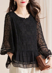 New Black Embroidered Hollow Out Lace Shirts Long Sleeve