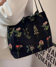 New Black Embroidered Large Capacity Canvas Shoulder Bag