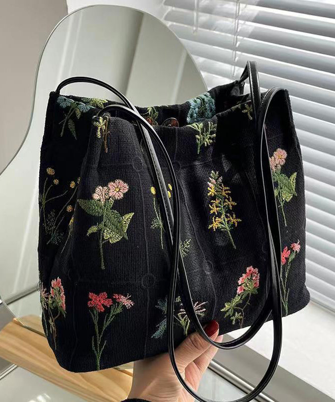 New Black Embroidered Large Capacity Canvas Shoulder Bag