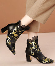 New Black Embroidered Silk Splicing Cowhide Leather Chunky Boots