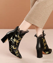 New Black Embroidered Silk Splicing Cowhide Leather Chunky Boots