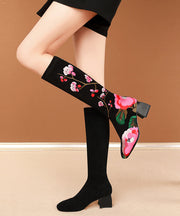 New Black Embroidered Suede Chunky Knee Boots