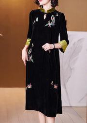 New Black Embroidered Pockets Silk Velour Dress Long Sleeve