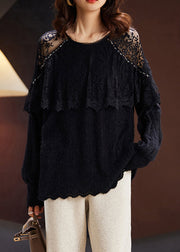 New Black Hollow Out Lace Patchwork Knit Tops Long Sleeve