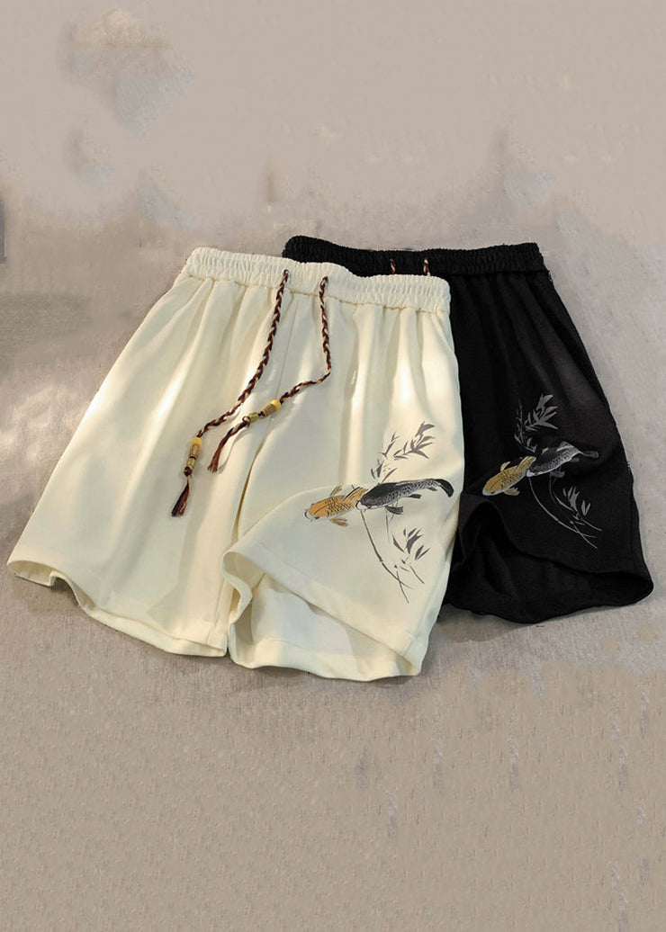 New Black Lace Up Elastic Waist Cotton Men Shorts Summer