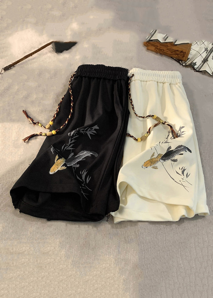 New Black Lace Up Elastic Waist Cotton Men Shorts Summer