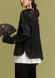 New Black O-Neck Button Side Open Silk Coat Fall