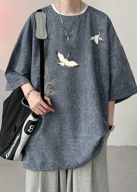 New Black O Neck Oriental Print Linen Oversized T Shirt Men Summer