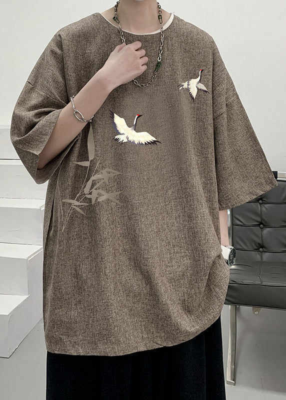 New Black O Neck Oriental Print Linen Oversized T Shirt Men Summer