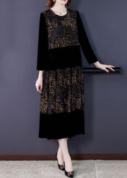 New Black O Neck Print Patchwork Silk Velour Long Dress Fall