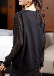 New Black O Neck Zircon Tulle Patchwork Top Long Sleeve