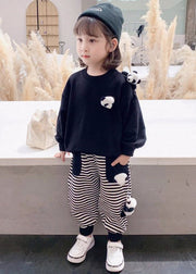 New Black Panda Striped Patchwork Cotton Girls Two Pieces Set Fall