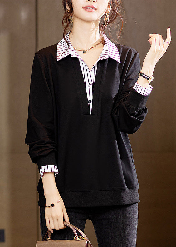 New Black Peter Pan Collar Button Patchwork Cotton Tops Long Sleeve