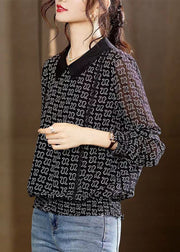 New Black Peter Pan Collar Print Patchwork Chiffon Top Long Sleeve