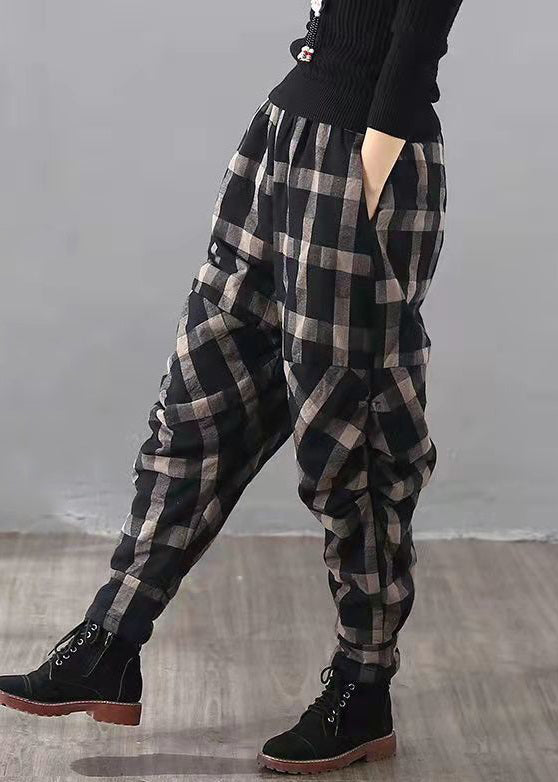 New Black Plaid Pockets High Waist Cotton Crop Pants Spring