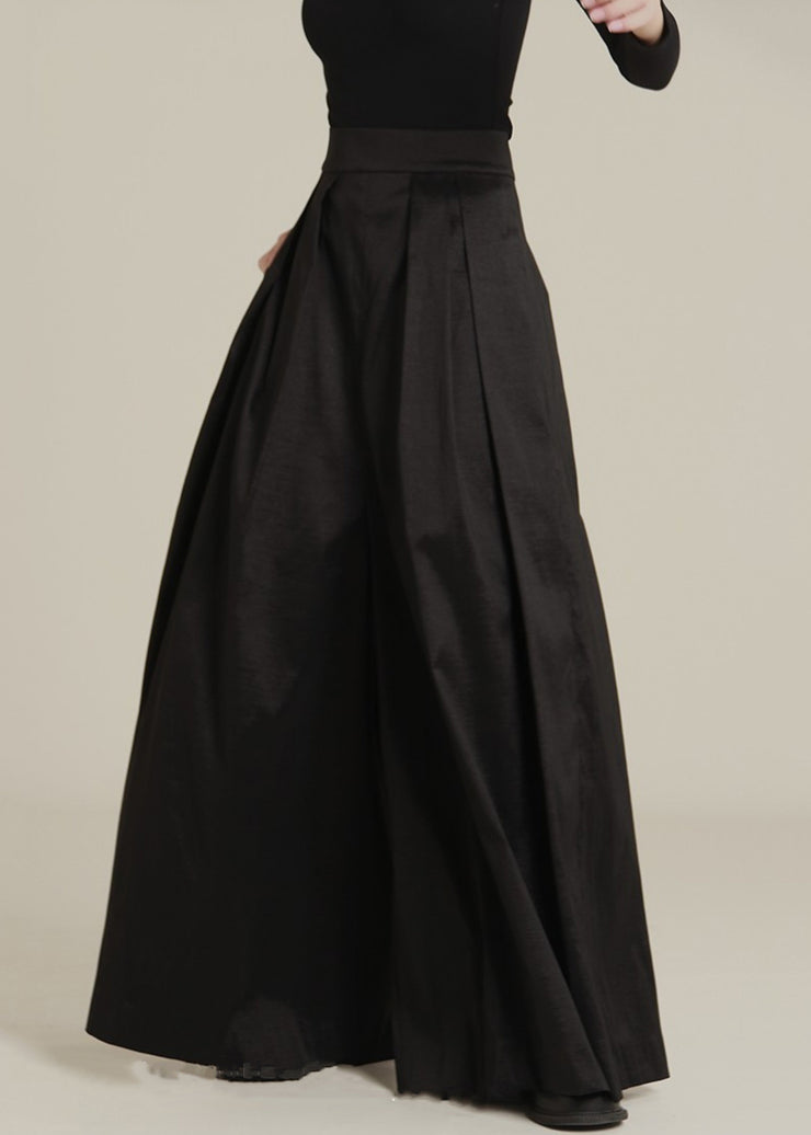 New Black Pockets High Waist Cotton Wide Leg Pants Spring