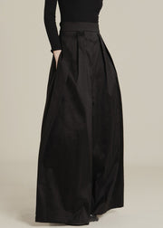 New Black Pockets High Waist Cotton Wide Leg Pants Spring