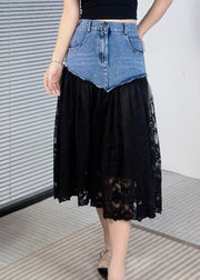 New Black Pockets Lace Patchwork Denim Skirts Summer